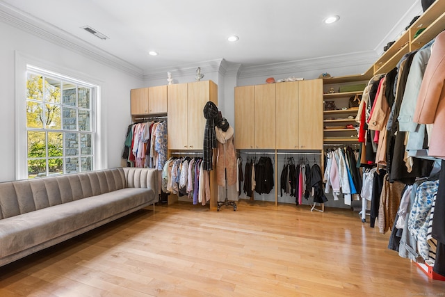 spacious closet featuring visible vents and light wood finished floors