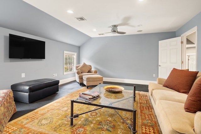 living room featuring a ceiling fan, baseboards, recessed lighting, and lofted ceiling