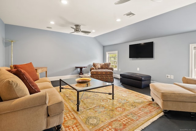 living area with ceiling fan, baseboards, lofted ceiling, and recessed lighting