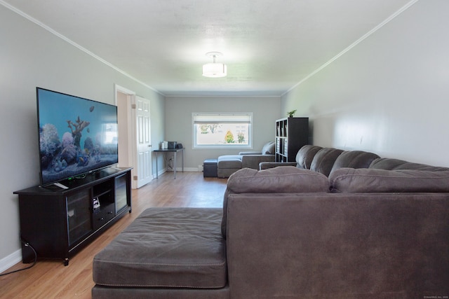 living room with crown molding, baseboards, and light wood-type flooring