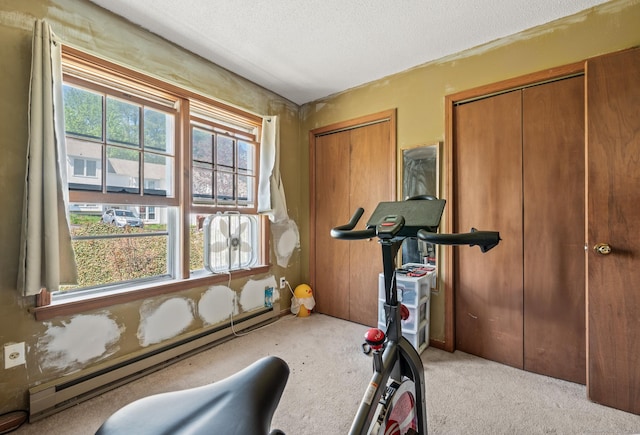 25 Deerwood Ln Unit 8, Waterbury, CT 06704 - workout room with baseboard heating, a textured ceiling, and light carpet