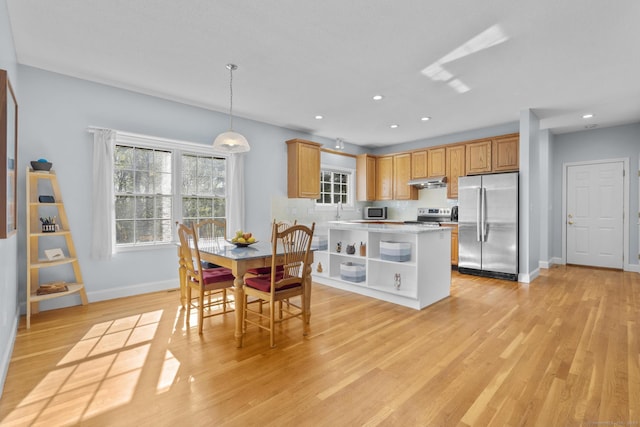 6 Old Farm Rd, Woodbridge, CT 06525 - kitchen featuring light wood-style flooring, stainless steel appliances, baseboards, recessed lighting, and under cabinet range hood