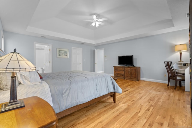 6 Old Farm Rd, Woodbridge, CT 06525 - bedroom featuring baseboards, a ceiling fan, a raised ceiling, and wood finished floors