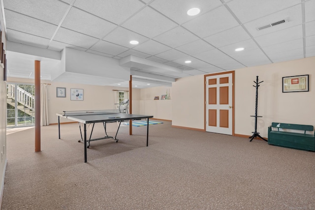 6 Old Farm Rd, Woodbridge, CT 06525 - playroom with carpet floors, recessed lighting, baseboards, a drop ceiling, and visible vents