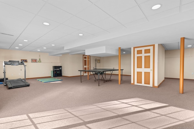 6 Old Farm Rd, Woodbridge, CT 06525 - exercise area featuring baseboards, carpet flooring, recessed lighting, and a paneled ceiling