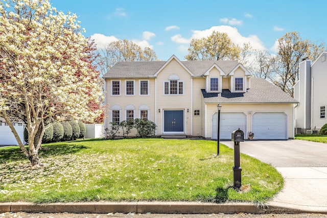 view of front of property with an attached garage, roof with shingles, a front yard, and concrete driveway