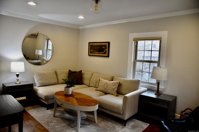 72 Sims St, Bridgeport, CT 06604 - living room with dark wood-style floors, crown molding, and recessed lighting