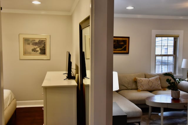 72 Sims St, Bridgeport, CT 06604 - living area with dark wood-style flooring, recessed lighting, baseboards, and ornamental molding