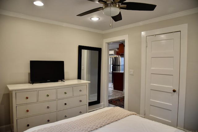 72 Sims St, Bridgeport, CT 06604 - bedroom with freestanding refrigerator, crown molding, recessed lighting, and a ceiling fan