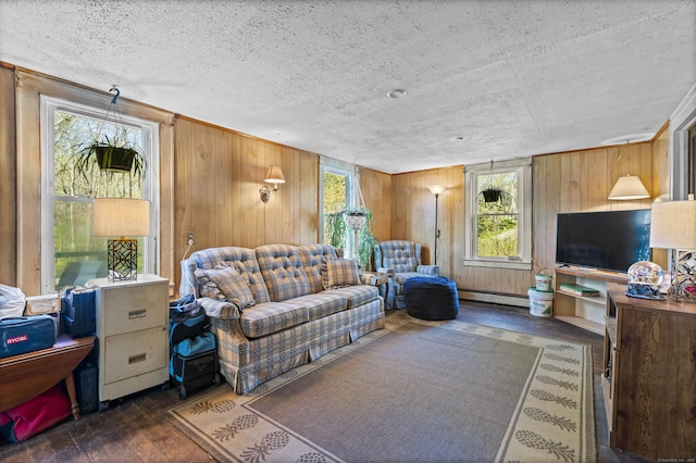 living area featuring a textured ceiling, wood walls, wood finished floors, and a baseboard radiator