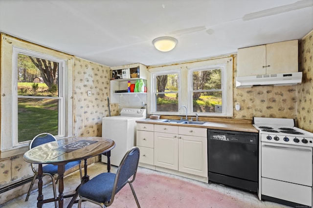 kitchen with dishwasher, a sink, washer / dryer, white electric range oven, and under cabinet range hood