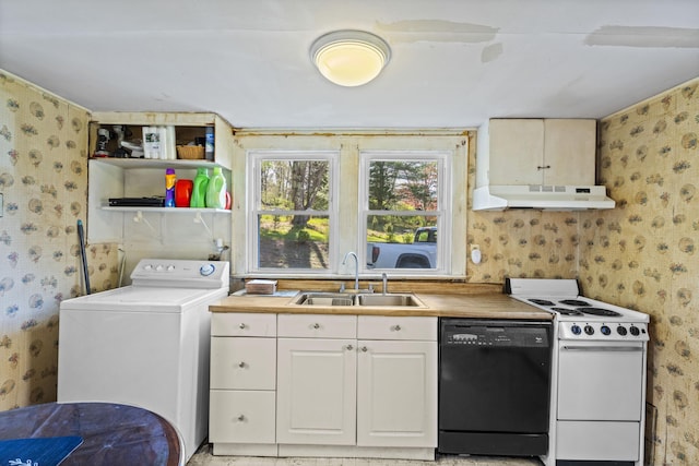 kitchen featuring dishwasher, a sink, washer / dryer, white electric range oven, and wallpapered walls