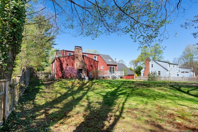 view of yard with a fenced backyard and a deck