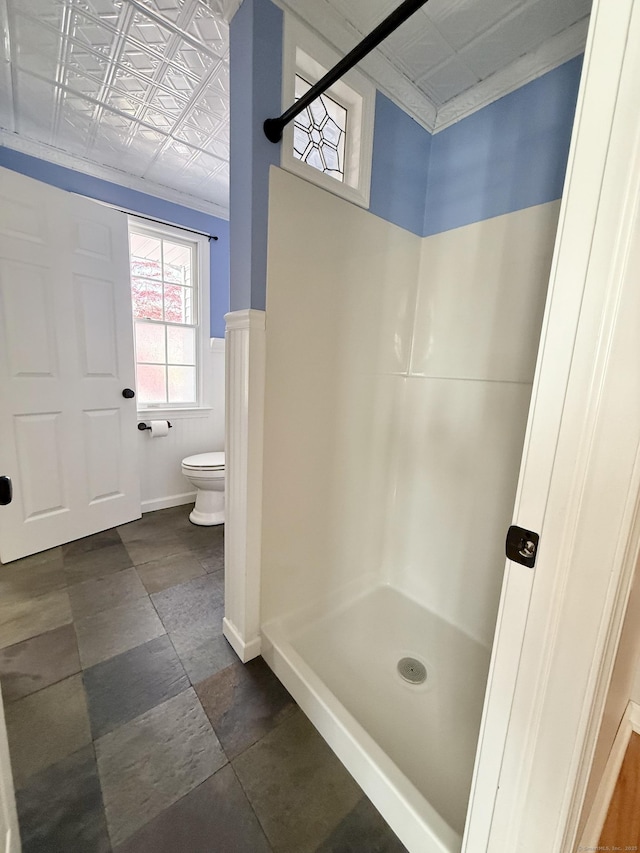 bathroom featuring an ornate ceiling, a stall shower, and toilet