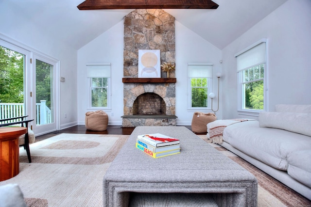 9 November Trl, Weston, CT 06883 - living room featuring high vaulted ceiling, a fireplace, wood finished floors, beamed ceiling, and baseboards