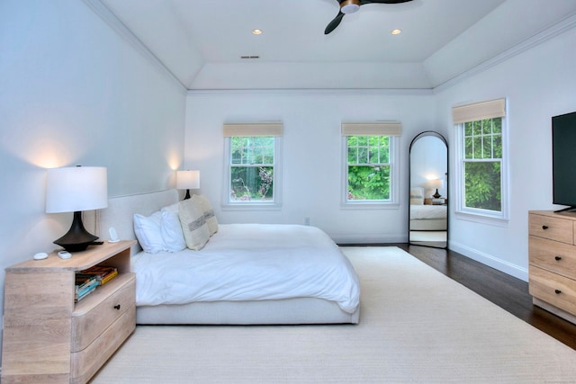 9 November Trl, Weston, CT 06883 - bedroom with wood finished floors, baseboards, a ceiling fan, and ornamental molding
