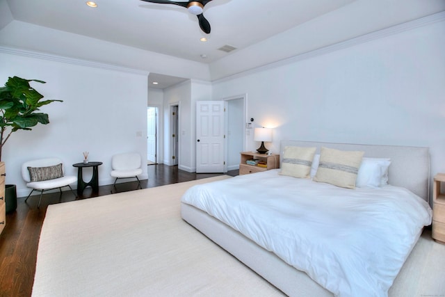 9 November Trl, Weston, CT 06883 - bedroom with dark wood finished floors, crown molding, recessed lighting, and a ceiling fan