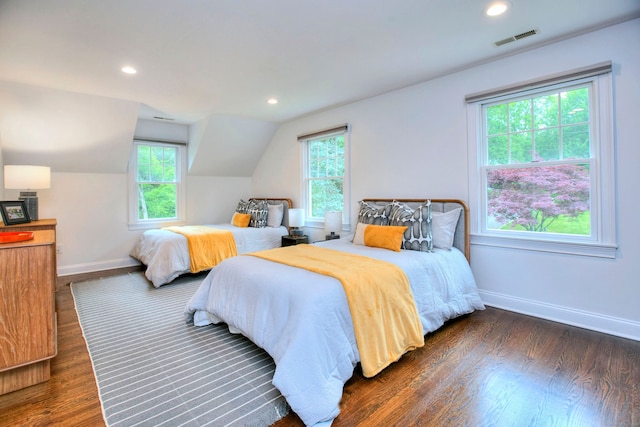 9 November Trl, Weston, CT 06883 - bedroom with baseboards, multiple windows, dark wood finished floors, vaulted ceiling, and recessed lighting