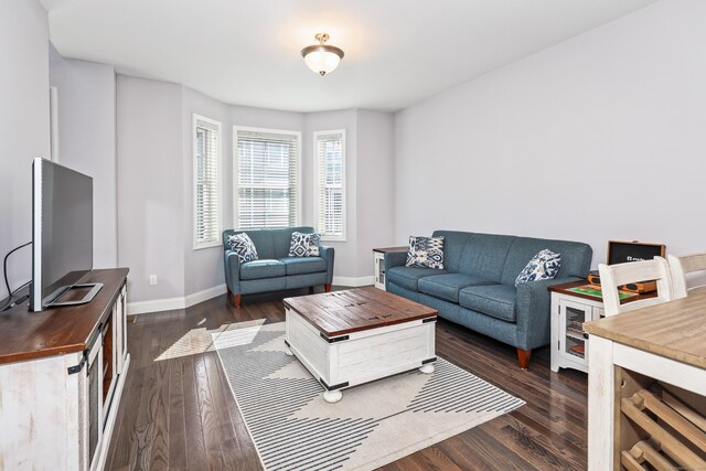 living room featuring baseboards and dark wood-style flooring