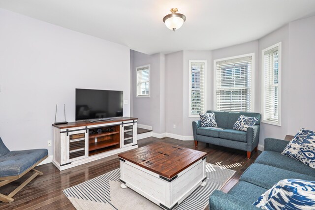 living area with baseboards and dark wood-style floors