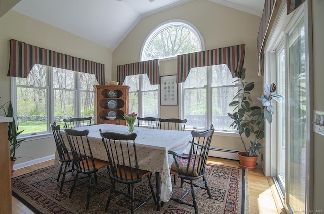 dining room with lofted ceiling, a wealth of natural light, and wood finished floors