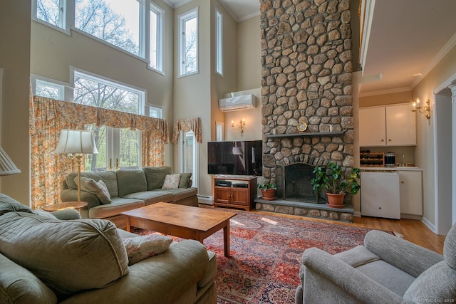 living room featuring light wood-type flooring, crown molding, a baseboard radiator, a wall unit AC, and a stone fireplace