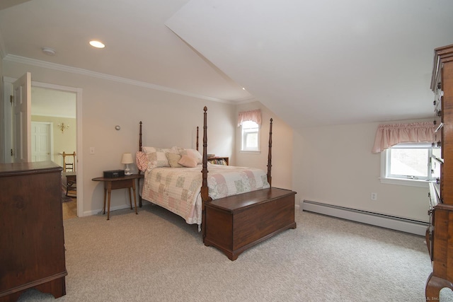 bedroom featuring light colored carpet, multiple windows, a baseboard heating unit, and ornamental molding