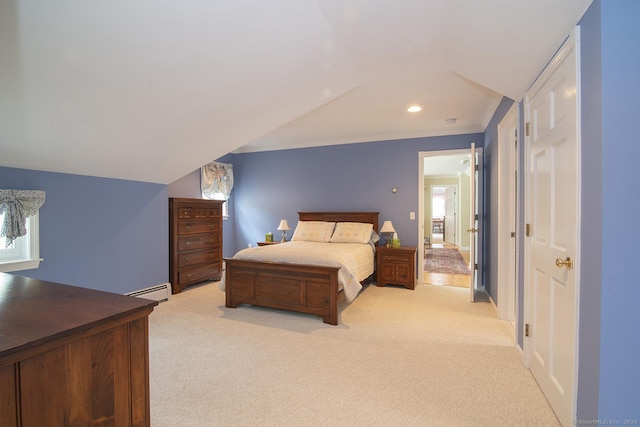 bedroom with ornamental molding, recessed lighting, vaulted ceiling, a baseboard radiator, and light carpet