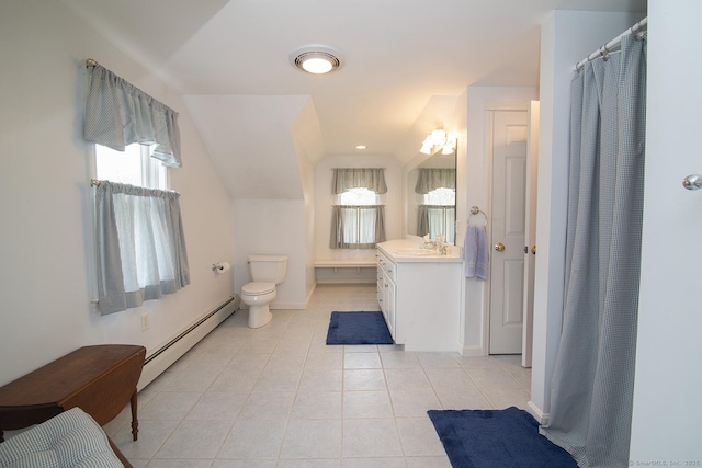 full bath with tile patterned floors, plenty of natural light, and a baseboard heating unit