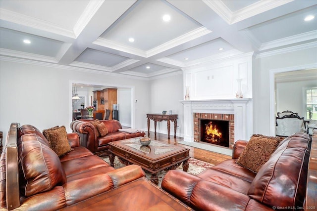 6 E Starrs Plain Rd, Danbury, CT 06810 - living area with coffered ceiling, beamed ceiling, a brick fireplace, crown molding, and wood finished floors
