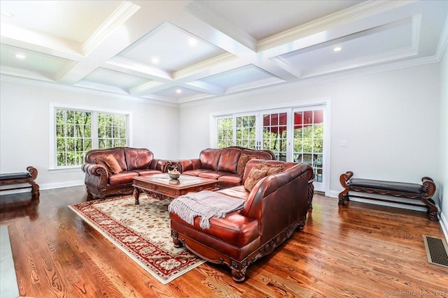 6 E Starrs Plain Rd, Danbury, CT 06810 - living area with wood finished floors, beamed ceiling, coffered ceiling, baseboards, and ornamental molding