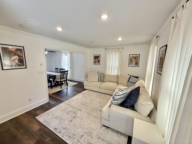 33 Steep Hill Rd, Seymour, CT 06483 - living area with ornamental molding, dark wood-type flooring, baseboards, and recessed lighting
