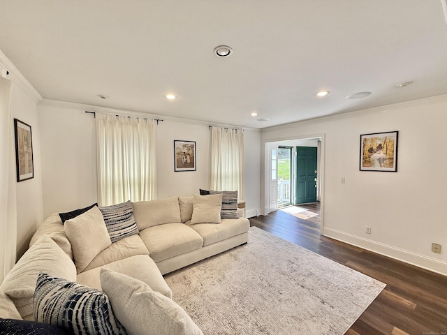 33 Steep Hill Rd, Seymour, CT 06483 - living area with ornamental molding, baseboards, dark wood-style flooring, and recessed lighting