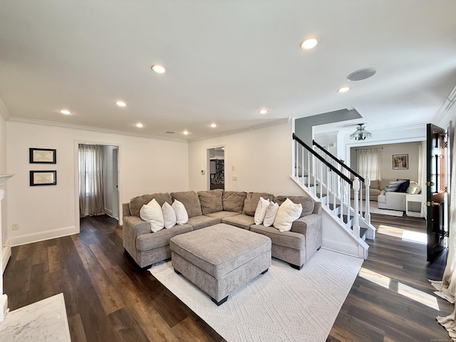 33 Steep Hill Rd, Seymour, CT 06483 - living room featuring stairs, crown molding, recessed lighting, dark wood-style floors, and baseboards
