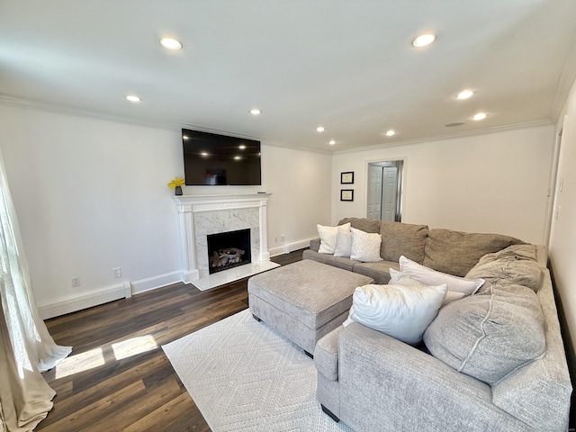 33 Steep Hill Rd, Seymour, CT 06483 - living room featuring baseboard heating, ornamental molding, a premium fireplace, dark wood-style floors, and recessed lighting