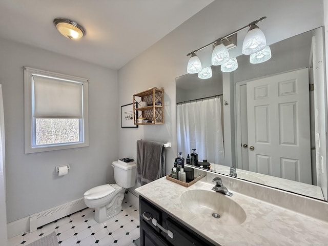 33 Steep Hill Rd, Seymour, CT 06483 - bathroom featuring a baseboard heating unit, toilet, tile patterned floors, and vanity