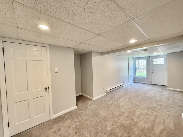 33 Steep Hill Rd, Seymour, CT 06483 - basement featuring baseboard heating, carpet floors, baseboards, recessed lighting, and a drop ceiling