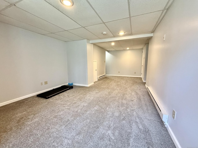 33 Steep Hill Rd, Seymour, CT 06483 - finished basement featuring a baseboard heating unit, carpet floors, a drop ceiling, recessed lighting, and baseboards