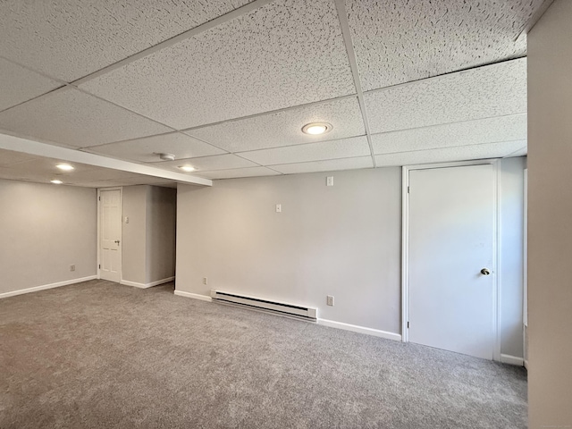 33 Steep Hill Rd, Seymour, CT 06483 - finished below grade area featuring a baseboard heating unit, carpet floors, baseboards, a drop ceiling, and recessed lighting