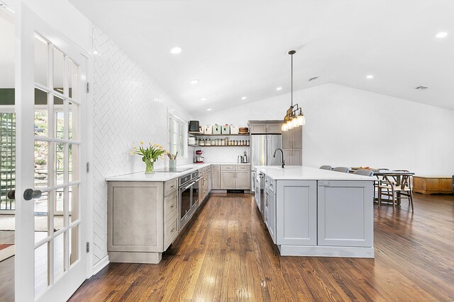 95 Brighton View Rd, Fairfield, CT 06824 - kitchen featuring light countertops, open shelves, lofted ceiling, dark wood-style flooring, and recessed lighting