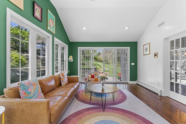 living area featuring visible vents, dark wood-style floors, recessed lighting, a baseboard radiator, and vaulted ceiling