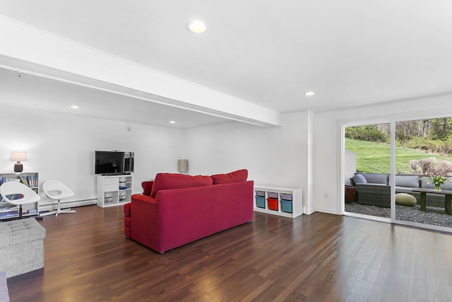 95 Brighton View Rd, Fairfield, CT 06824 - living area with a baseboard radiator, wood finished floors, recessed lighting, and baseboards