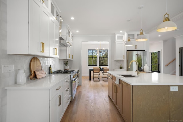 kitchen featuring a sink, light wood-style floors, an island with sink, stainless steel appliances, and tasteful backsplash