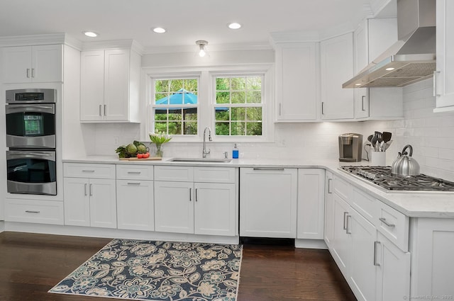 kitchen featuring tasteful backsplash, white cabinetry, a sink, stainless steel appliances, and wall chimney exhaust hood