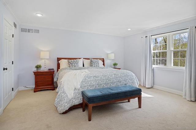 bedroom with crown molding, baseboards, light carpet, and visible vents