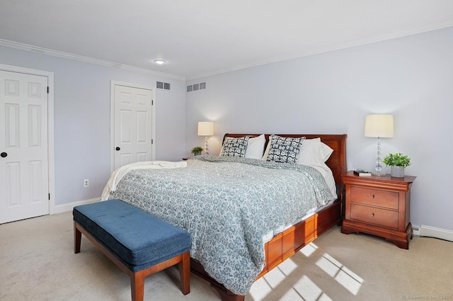 bedroom featuring crown molding, baseboards, light carpet, and visible vents