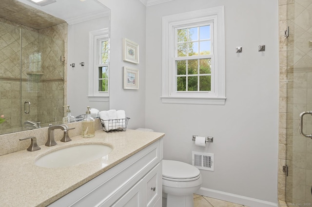 bathroom with visible vents, crown molding, vanity, tile patterned floors, and a shower stall