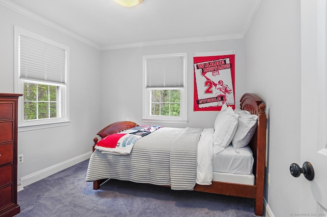 carpeted bedroom featuring baseboards, multiple windows, and ornamental molding