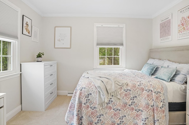 bedroom featuring baseboards, ornamental molding, and light colored carpet