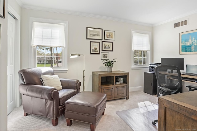 office with visible vents, ornamental molding, baseboards, and light carpet